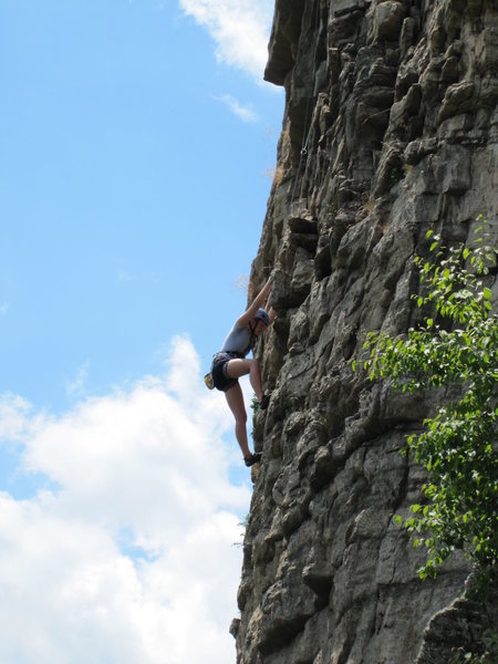 Climber following final pitch of Madame G's. Shot from belay atop Hyjek's.