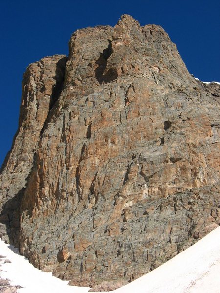 The Seldom Seen Wall viewed from the south, just above Sky Pond. Photo by Chris Sheridan, 6/20/2010.