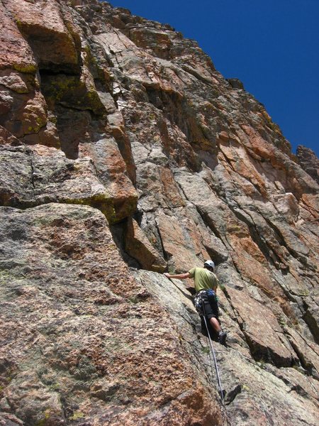 Andy Grauch starting up the fourth pitch of The Route That Kor Forgot on 6/20/10. Photo by Chris Sheridan.
