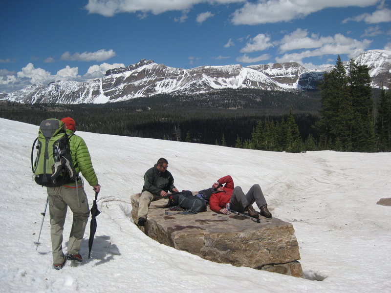 Umbrella retrieval mission at the Moosehorn. Hayden peak looking snowy in the background.