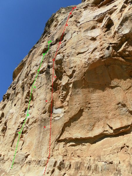 Green- R.I.P. 5.11b<br>
Red- Screamin Bats 5.12a