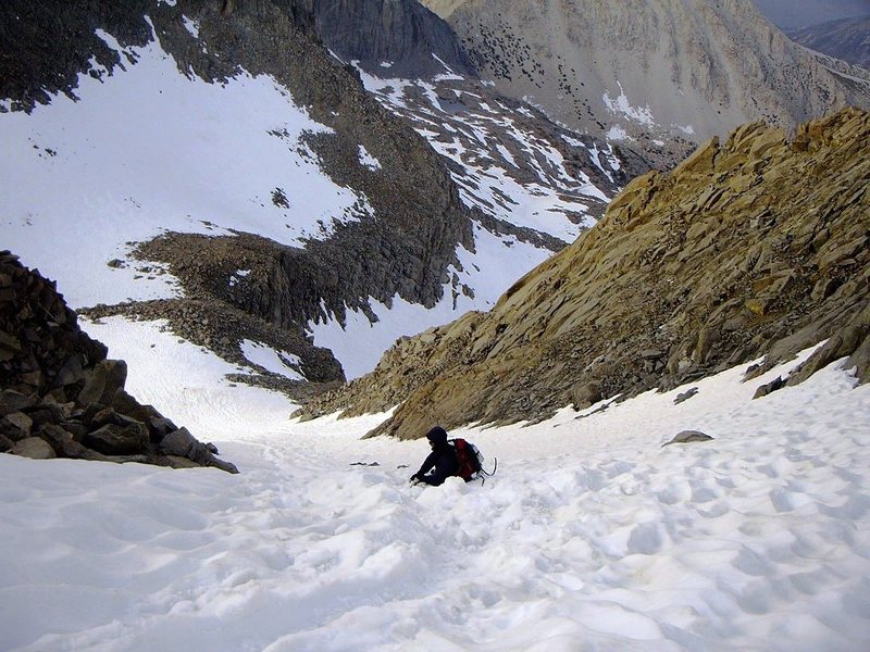 Glissading down the L-shaped col - reason #2 for an early season ascent