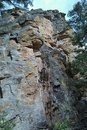 ez rider goes up left side of photo, on orange rock, up to left side of roof. dennis hopper memorial route goes up behind tree to red green corner up high