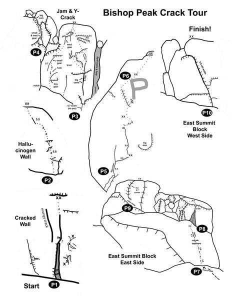 Compilation showing the various topos that make up the BP Crack Tour. Refer to the Knight Rider e-Guide for more info. on the individual pitches. <br>
<br>
Source: http://centralcoastclimbing.com/