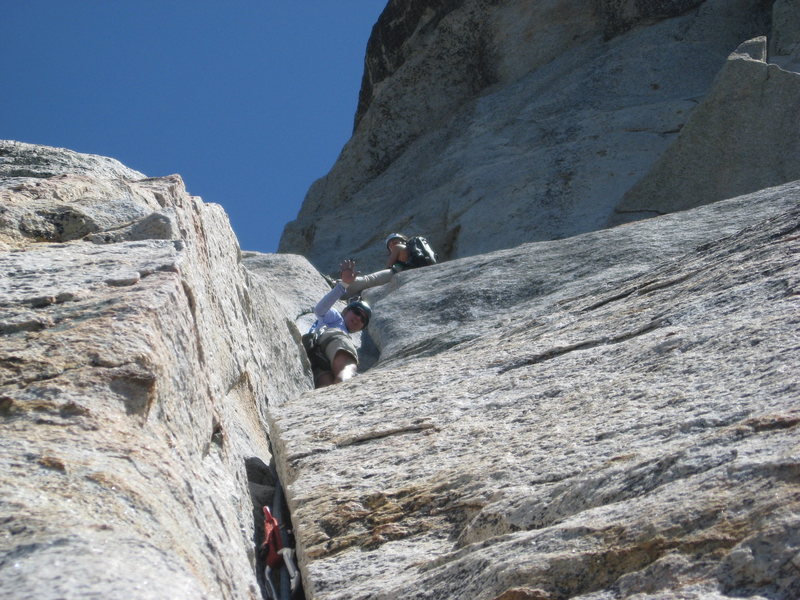Agina on hold while the climbers above moved out of the belay stance. 6-26-10