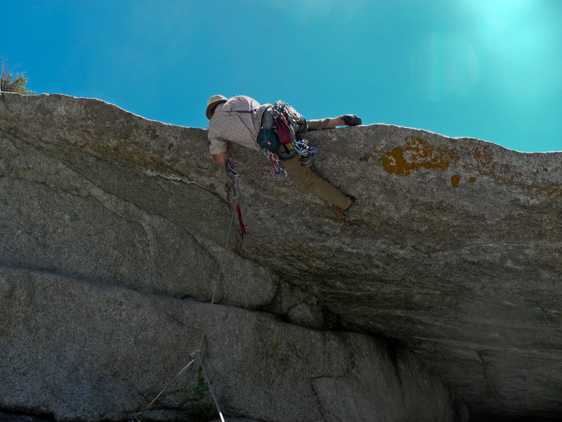 Pulling the lip on pitch 3 as the route is described here.<br>
Photo- Maura H.