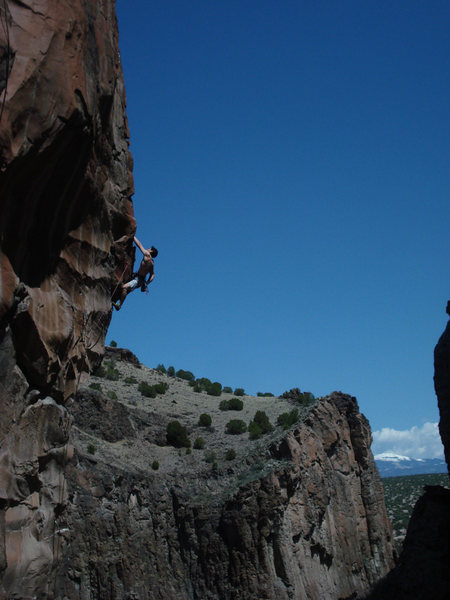 Post crux glory hanging on the arete<br>
<br>
photo by Carolyn Parker