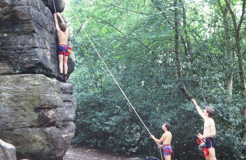 Dave moving right to the arete on the Isolated Buttress Climb