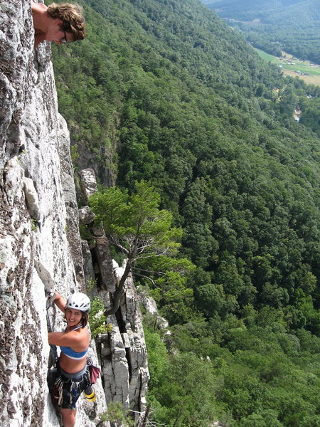 Tanya Chupa removing the final peace of pro on Critter Crack (5.6). The climbing party with Chupa climbed the first two pitches of Prune (5.7), then moved over to finish up on Critter Crack.