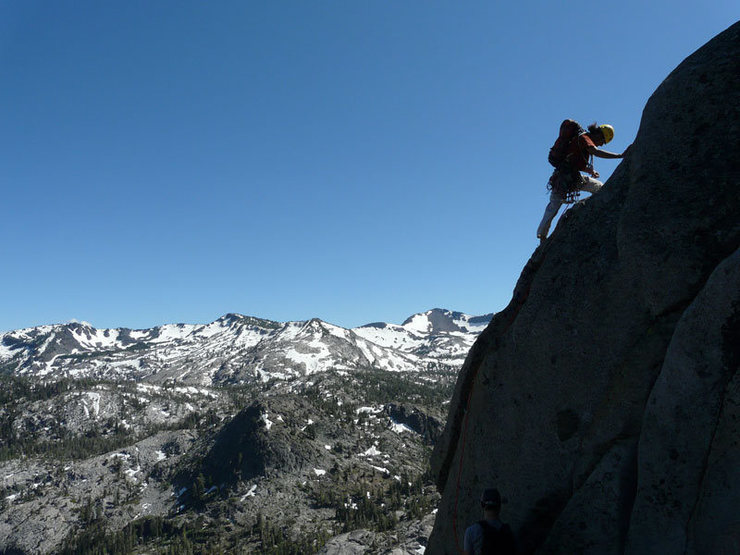 Pitch Three. The steep slanting crack is below me and I'm on the arete. Photo by Natalie Makardish