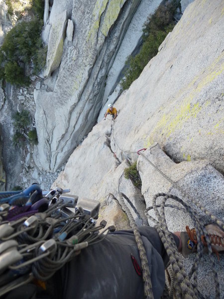 First pitch of Yellow Brick Rd. The climber in yellow has just finished the initial traverse. The route starts in the bush behind the climber.