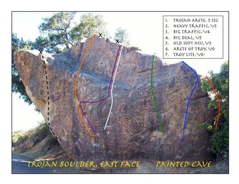 East Face of Trojan Boulder. Bolt locations approximate. Short and easy downclimb on the back side.