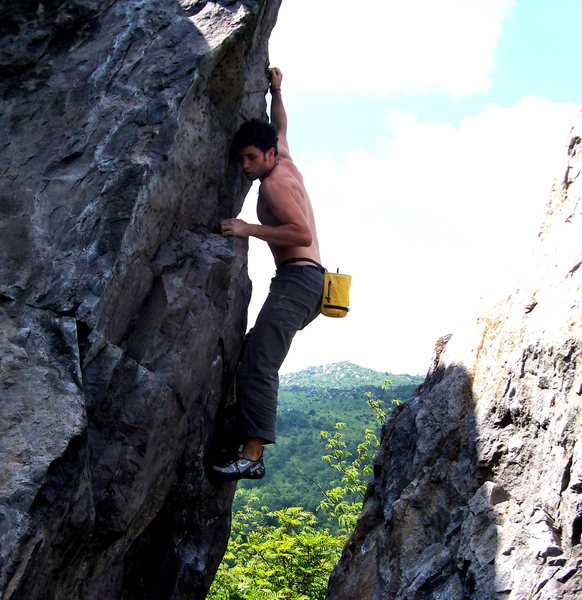 Aaron Parlier enjoying the "Highland Highball" (v2) in the Highlands Bouldering Area, GHSP Va