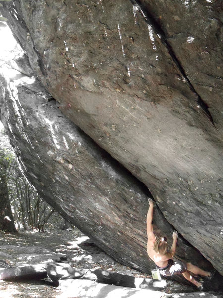 Travis pulling onto the lengthy, heady, and awesome "Athos Arete"(v5) on the Olympus Boulder, Picnic Area, GHSP Va