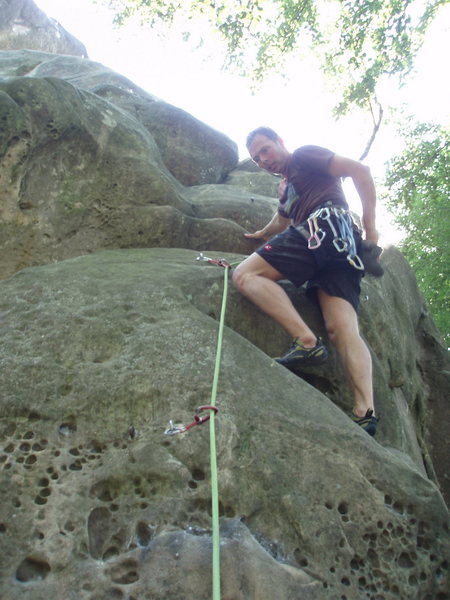 After the crux, but lots of interesting moves to go...