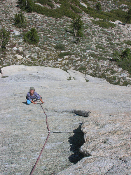 Megan smearing up the crux of Snowblind.