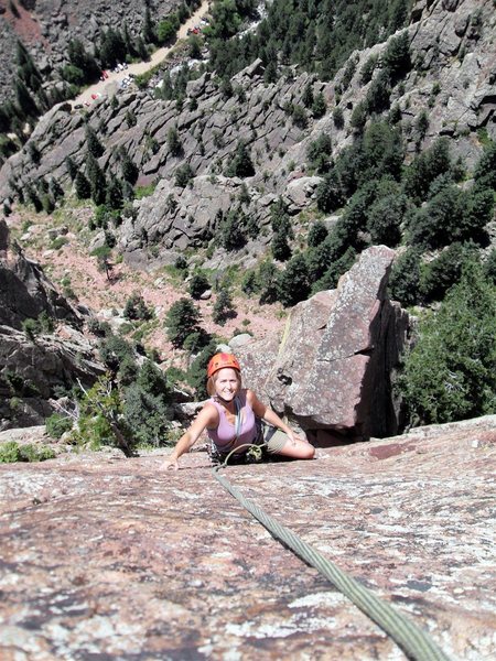 Brenda on the last pitch with the arete point in the background.