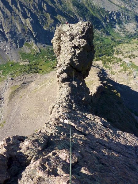 Looking back at the large "Dr. Seuss" gendarme on our third pitch of the route. July, 2010.