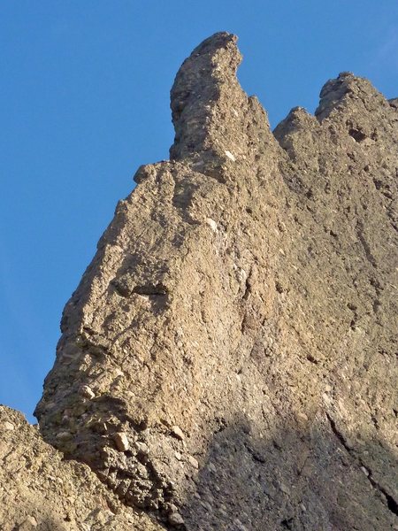The start of the Prow's technical climbing. The 5.8 roof start is in the dark, overhanging rock in the bottom of the photo (not completely visible). July, 2010.