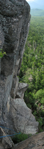 Showing the steepness of the second pitch of the trad route, Lady of the Lake 5.10+. The nose is the top of Butolicious, a 12a/b sport route that follows a 30m arete system mostly hidden below. The rope is hanging down from the top of the 3rd pitch of Sporty Owl, a mixed 11c that starts with an offwidth to hand crack, then an overhanging stem corner, a little slab, and finishes up bolted overhanging face - Sporty Area, Left Cliff of Owl's