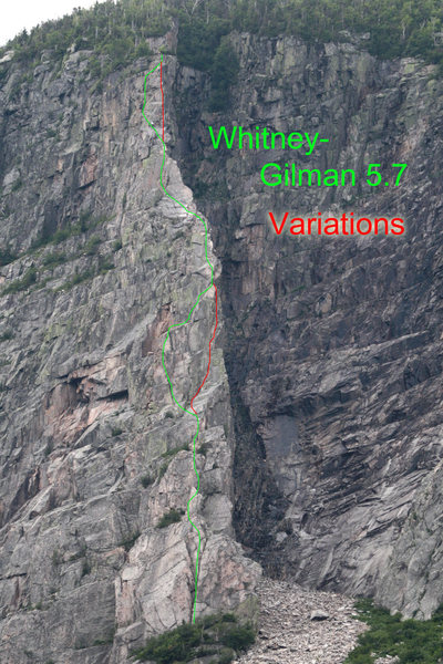 The normal (5.7) route is the green line... follow the red short cuts for a more direct and slightly harder route (5.8 and 5.9 variations)...<br>
large file, zoom in for detail...