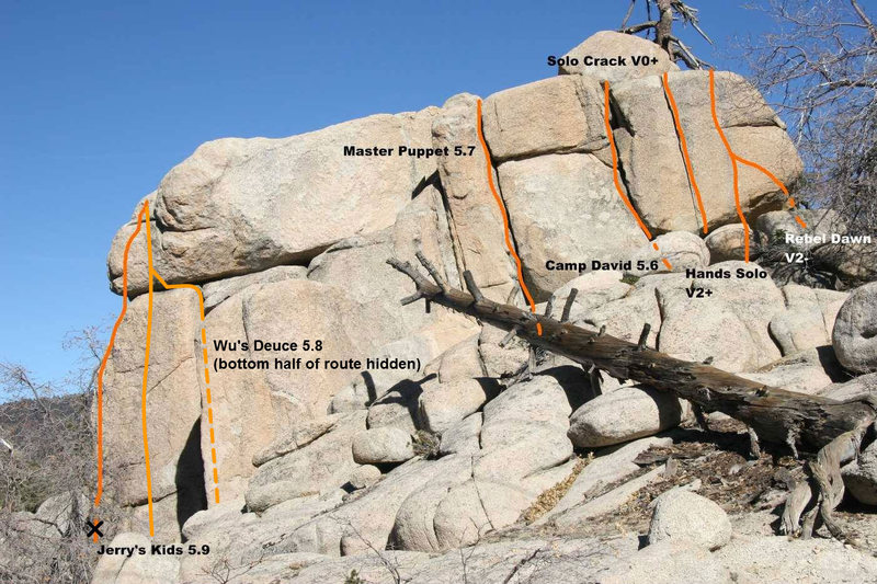This Photo from Euan Cameron shows Jerry's kids. I moved the line over to the right a little to where I remember the route being. It climbs the face, not really the arete.