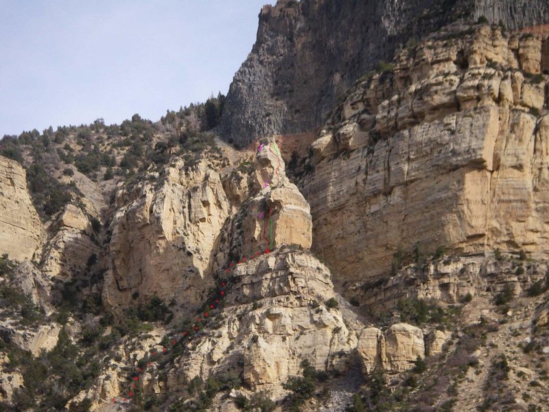 The red line is the first ascent line. The green line is a variation for the first pitch and the rap drilled bolts on the second pitch. The scribbly purple arrows are the rap stations. The third arrow may not be exact. You only need one rope to descend this great route. Take a set of channel locks or pipe wrench to open the summit register. It is steel pipe with threaded caps that is surely rusted shut. This is one route that I want to return to Cedar to repeat for the forth time. If I remember correctly the bolts I rap drilled on the upper pitch are 1/2". <br>
<br>
-TDA