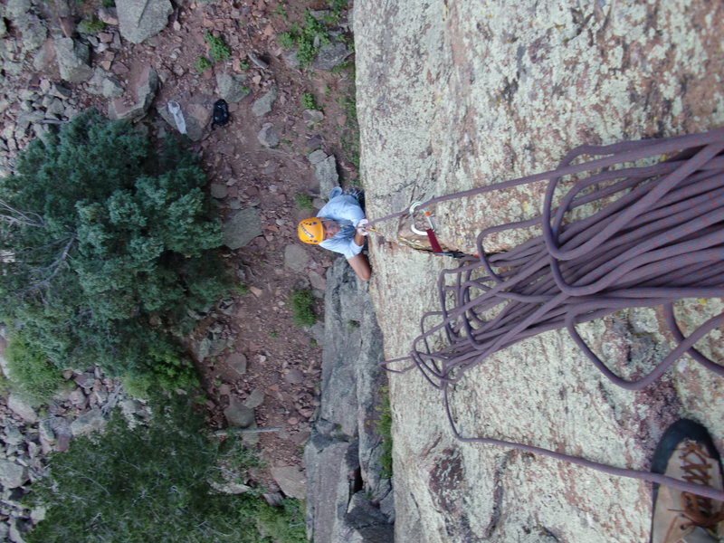 Looking down the 1st pitch, Brad White climbing. This pitch sets the tone for more to come.