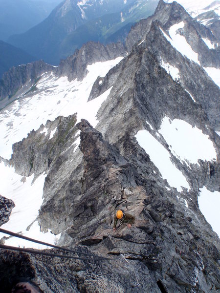 Looking down the West Ridge. Continuing past is the ridgeline that makes up the Torment-Forbidden traverse.