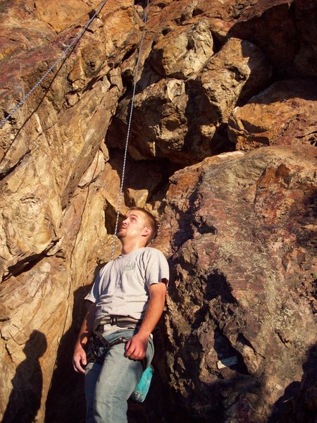 Alex at the base of "Third Molar Round Up" Just under the Crux. (crux is at the Bottom of the climb)