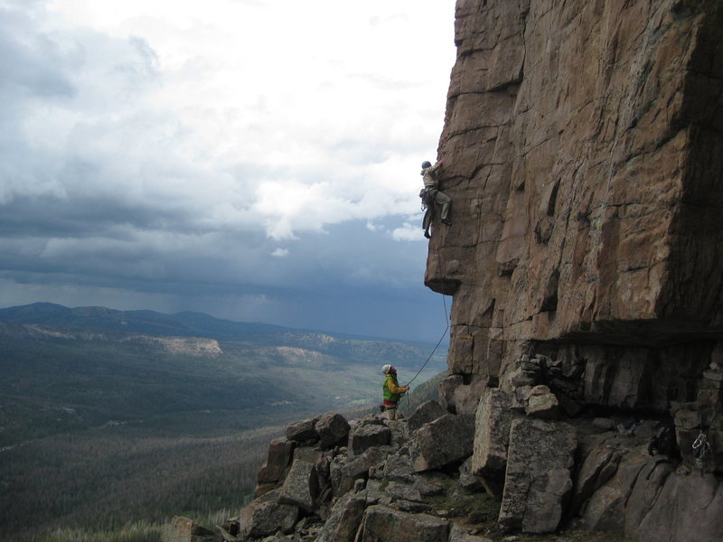 Wyld Stallyns 5.10. The Most Excellent Crag. Hayden Peak. Nice storm clouds! Got rained out big time shortly after this photo was taken.<br>
<br>