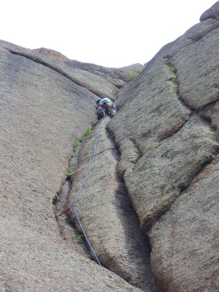 Nearing the crux, pitch 2, Castle Corner.