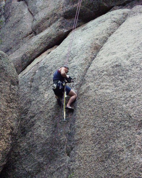 Scott Sills bolting on the Gap Wall in 2006.  This gorilla is responsible for most of the stellar routes in the area.