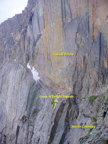 Crack of Delight rappel anchors just below the Casual Route, South of the North Chimney.