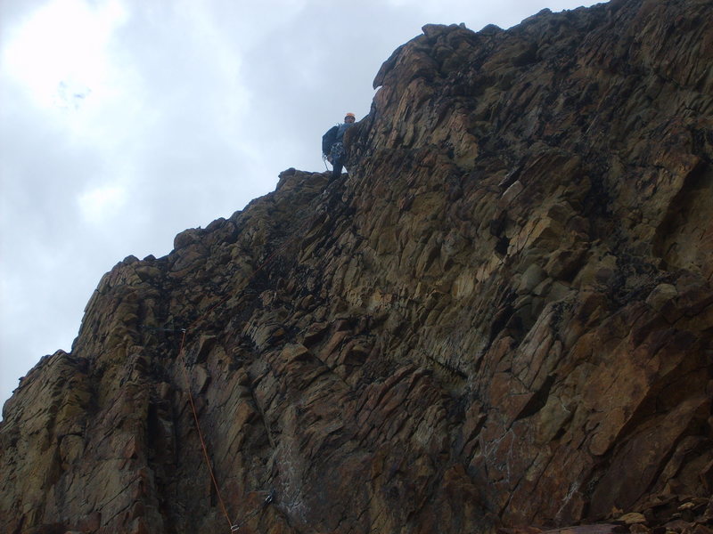 The final, short, class 4 simul-climbing to the summit ridge. Still loose as all hell.