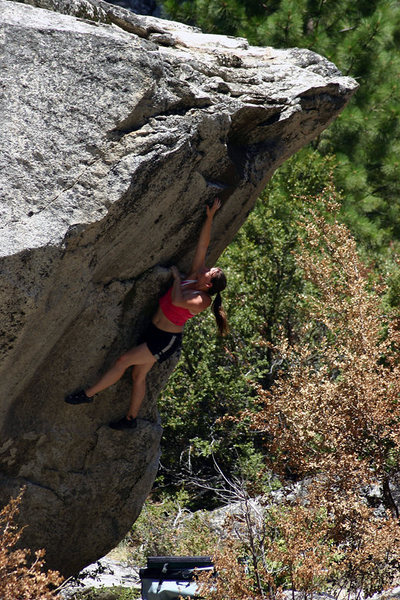 I climbed this problem, which I called Halo, first from the arete at v2 or3, then added a sit start down and to the left on rails at v5ish. Getting down was sketchy!