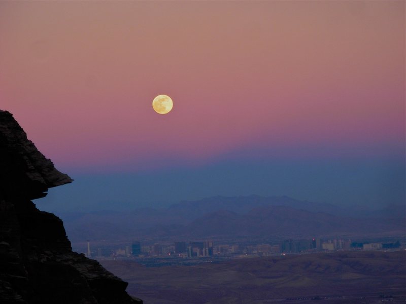 Moonrise over Vegas, on the hike out from Disappearing Buttress.