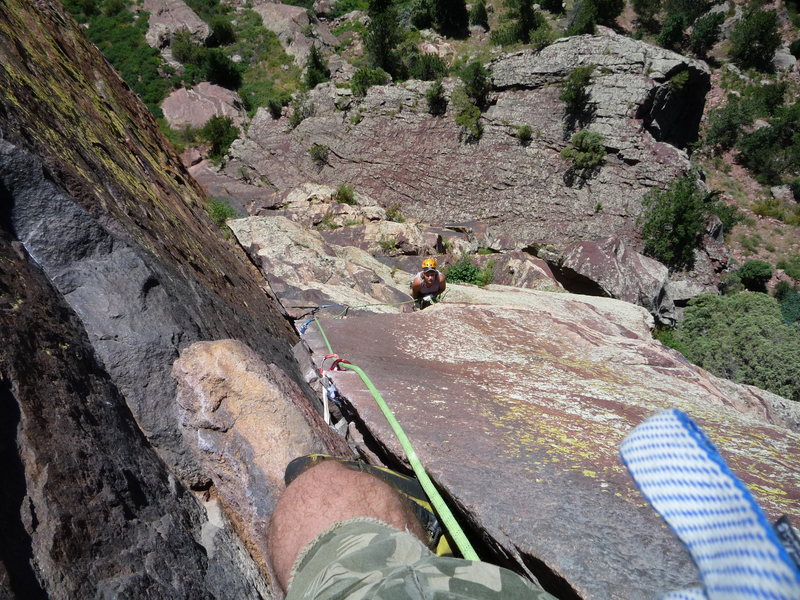 Looking down to the Belay below "The Crack".