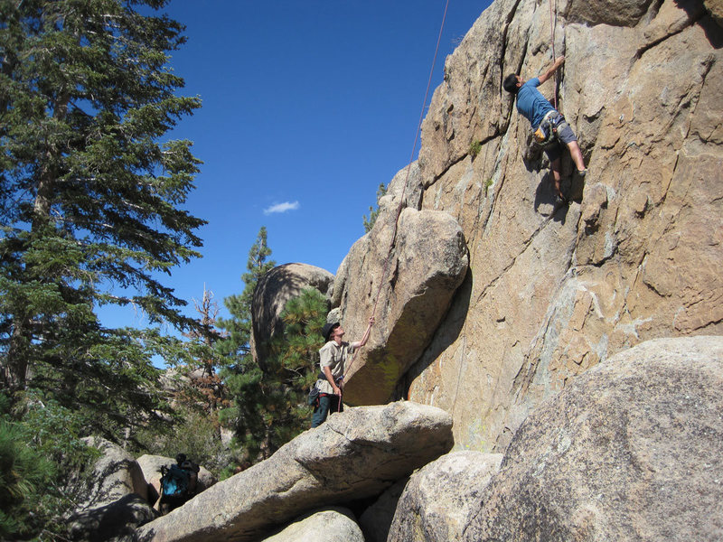 Lluis climbs while Christian belays - crux moves.