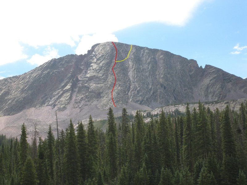 The route up the West Buttress. You can bypass the hard climbing by taking the yellow route to keep it 3rd class.