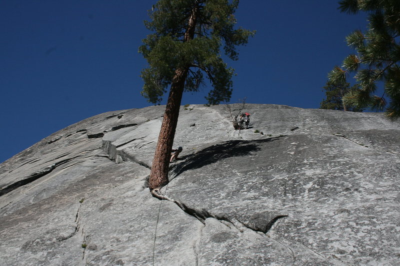 Nathan at the 1st belay and Sheila heading up. The Tree Route at Dome Rock. 8-22-10
