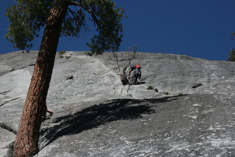 Nathan at the 1st belay and Sheila heading up. The Tree Route at Dome Rock. 8-22-10
