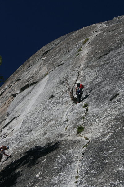 Nathan at the 1st belay and Sheila heading up. The Tree Route at Dome Rock. 8-22-10