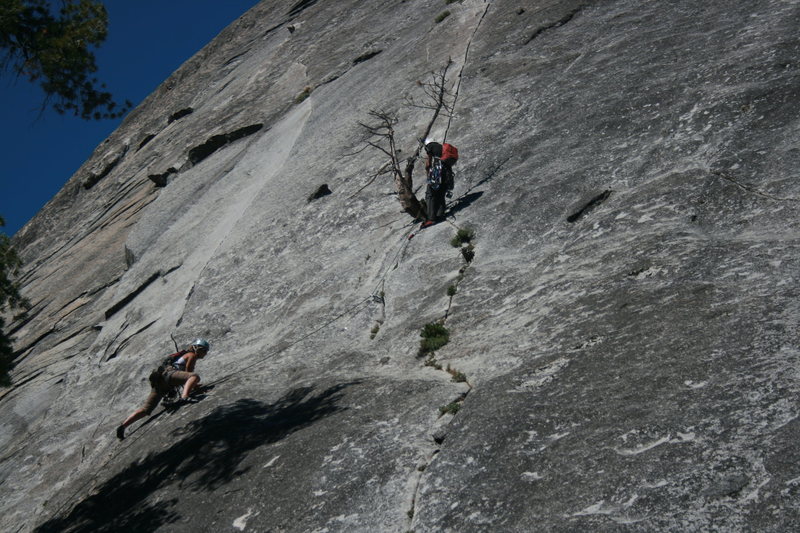 Nathan at the 1st belay and Sheila heading up. The Tree Route at Dome Rock. 8-22-10