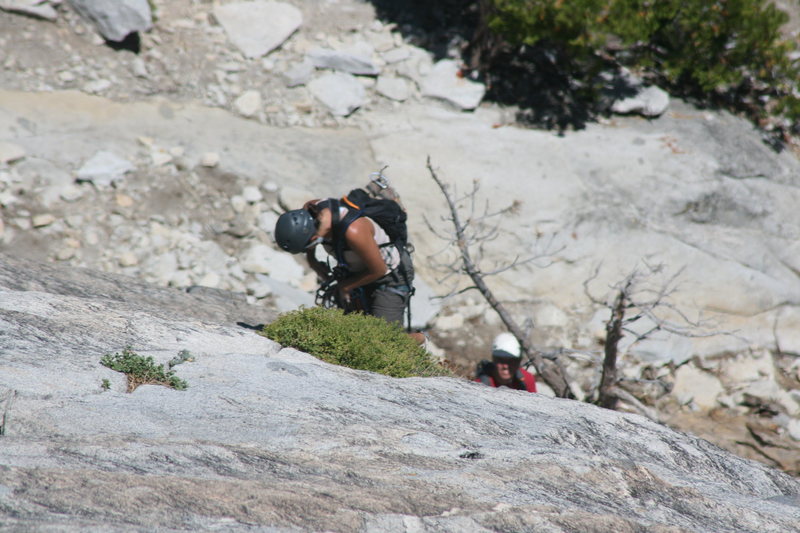 Marina on her first trad lead coming up pitch 2. The Tree Route on Dome Rock. 8-22-10