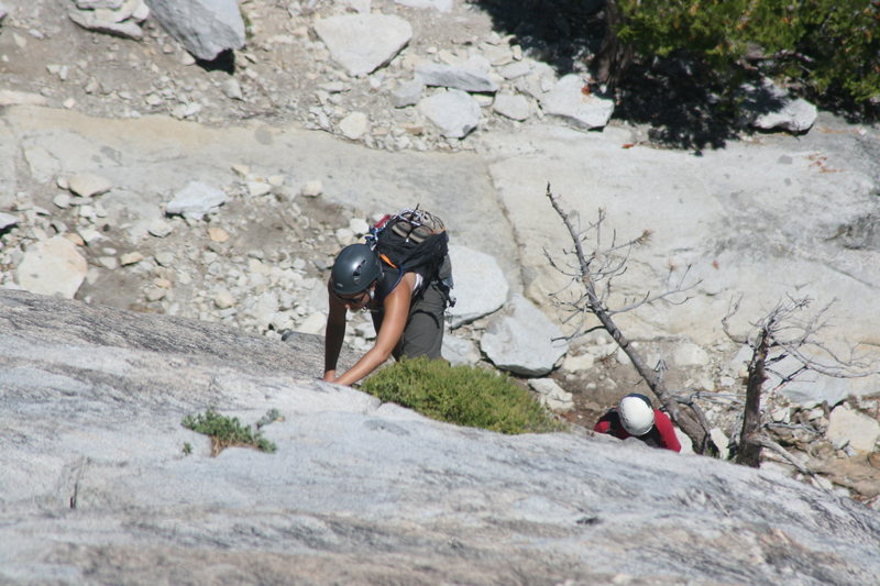 Marina on her first trad lead coming up pitch 2. The Tree Route on Dome Rock. 8-22-10