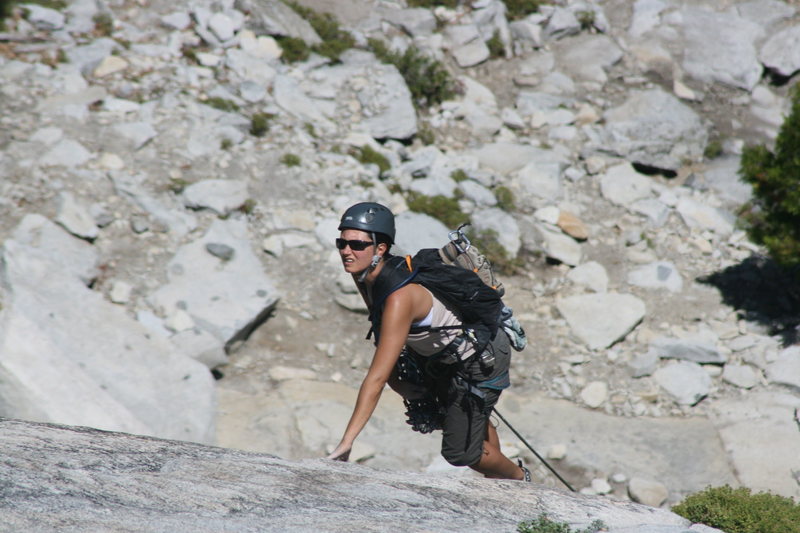 Marina on her first trad lead coming up pitch 2. The Tree Route on Dome Rock. 8-22-10