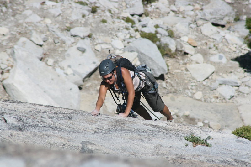 Marina on her first trad lead coming up pitch 2. The Tree Route on Dome Rock. 8-22-10