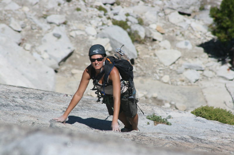 Marina on her first trad lead coming up pitch 2. The Tree Route on Dome Rock. 8-22-10