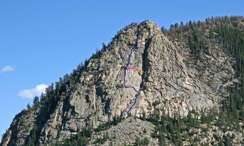 Route on the upper buttress. Arrow shows the Gunks roof.
<br>
<br>
Photo by Stan Wagon.